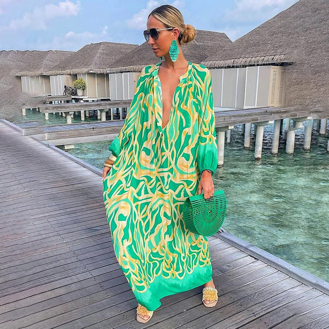 Women's Kaftan Dress – Loose Fit – Boho Style – Deep V-Neck – Lightweight Fabric