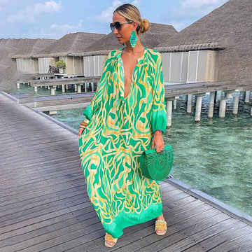 Women's Kaftan Dress – Loose Fit – Boho Style – Deep V-Neck – Lightweight Fabric
