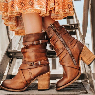 Women’s Ankle Boots – Western Style – Chunky Heel – Strap Detail – Side Zip