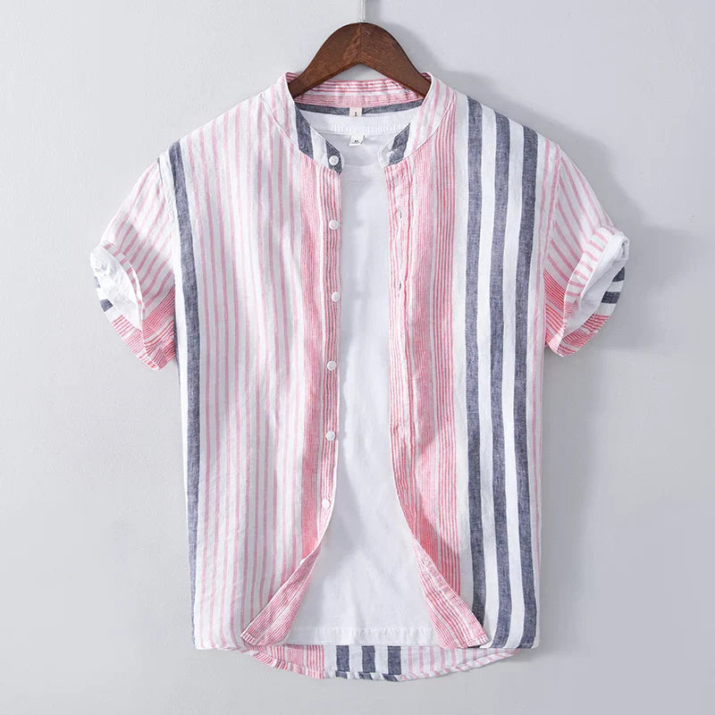 Men’s Striped Band Collar Shirt – Lightweight Linen Blend – Short Sleeve – Casual Summer Look