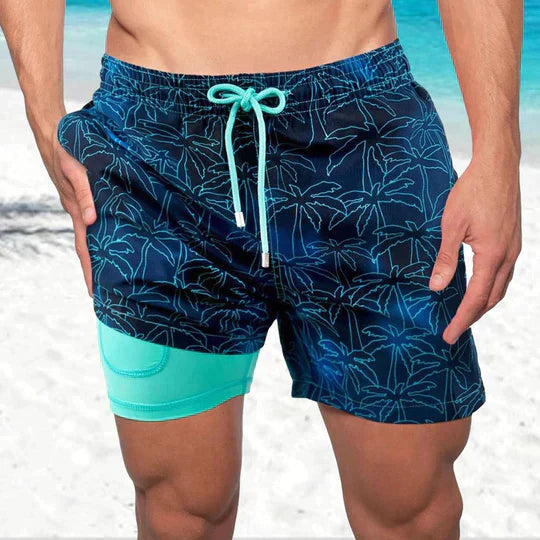 Men’s Swim Shorts – Palm Print – Quick-Dry – Mesh Lining – Drawstring Waist