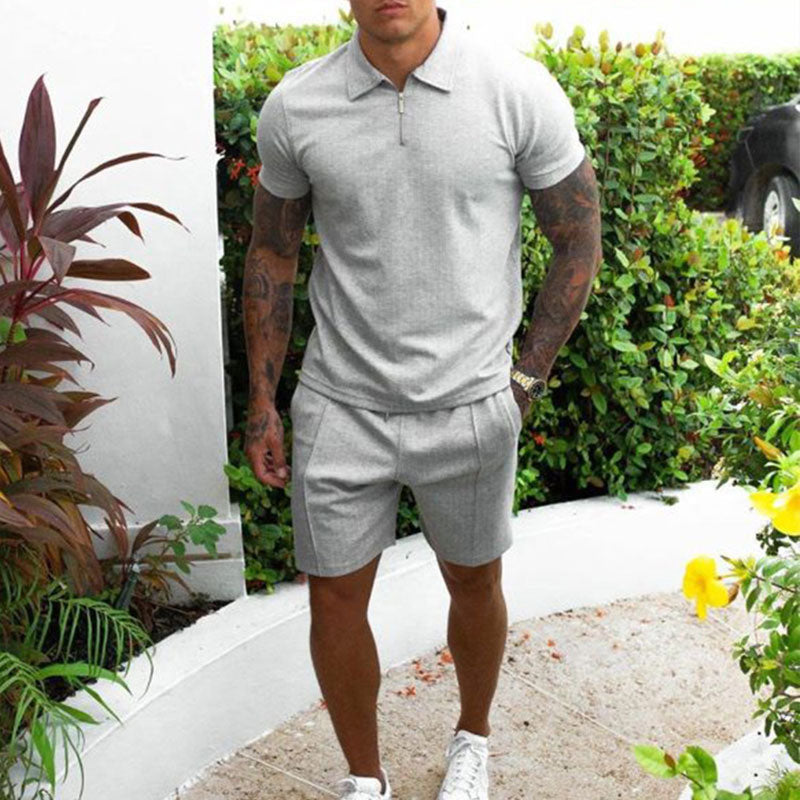 Men’s 2-Piece Zip Polo Short Set – Slim Fit – Textured Finish – Summer Essential
