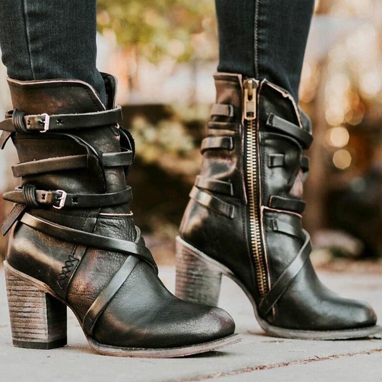 Women’s Ankle Boots – Western Style – Chunky Heel – Strap Detail – Side Zip