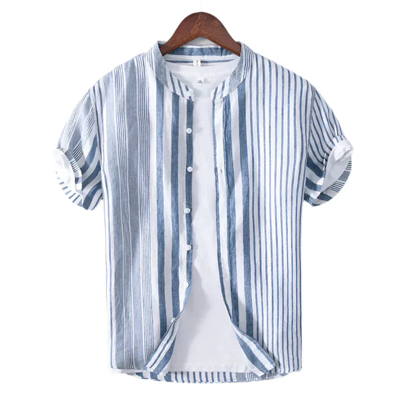 Men’s Striped Shirt – Short Sleeve – Grandad Collar – Breathable – Casual Summer Fit