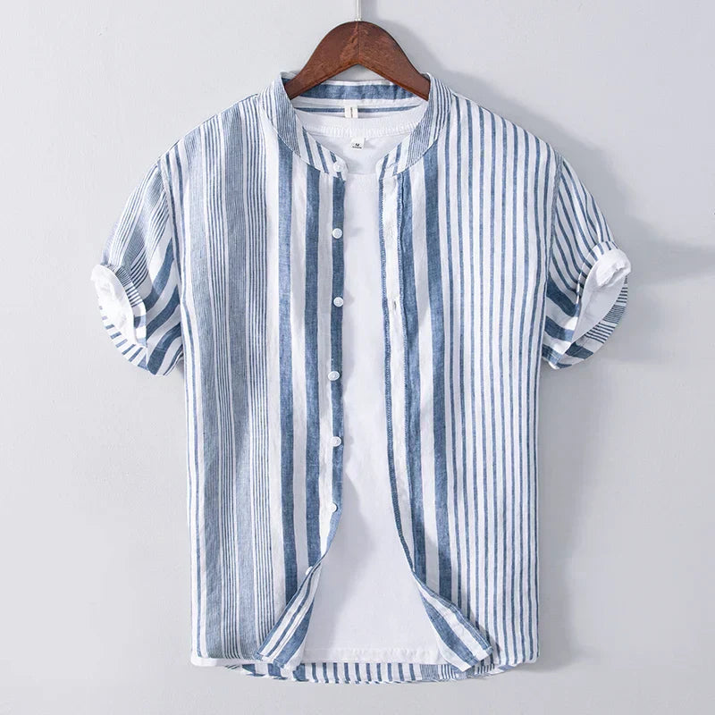 Men’s Striped Band Collar Shirt – Lightweight Linen Blend – Short Sleeve – Casual Summer Look