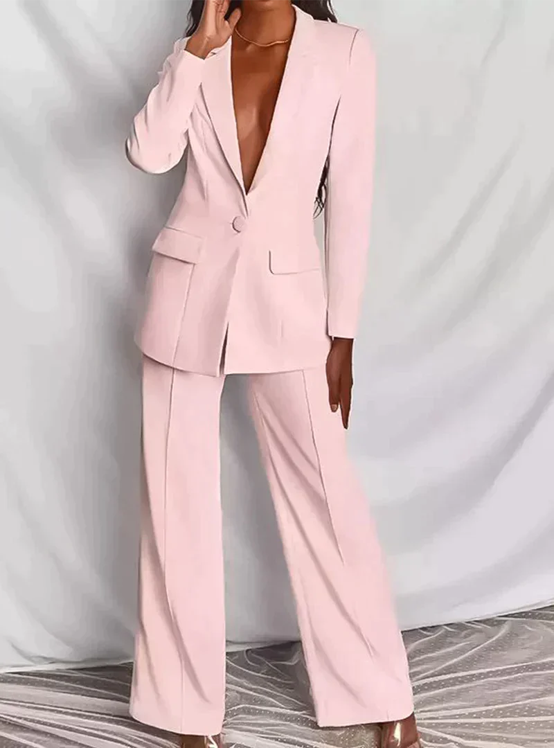 Women’s Two-Piece Set – Blazer & Wide-Leg Trousers – Tailored Fit – One-Button Closure – Elegant Formal Look