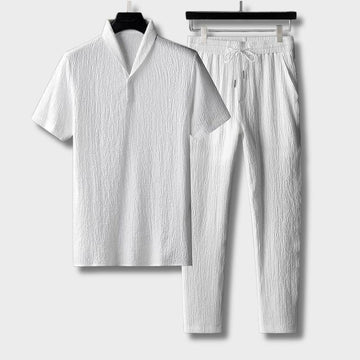 Men’s Two-Piece Set – Textured Short Sleeve Top – Drawstring Trousers – Relaxed Fit – Summer Resort Look