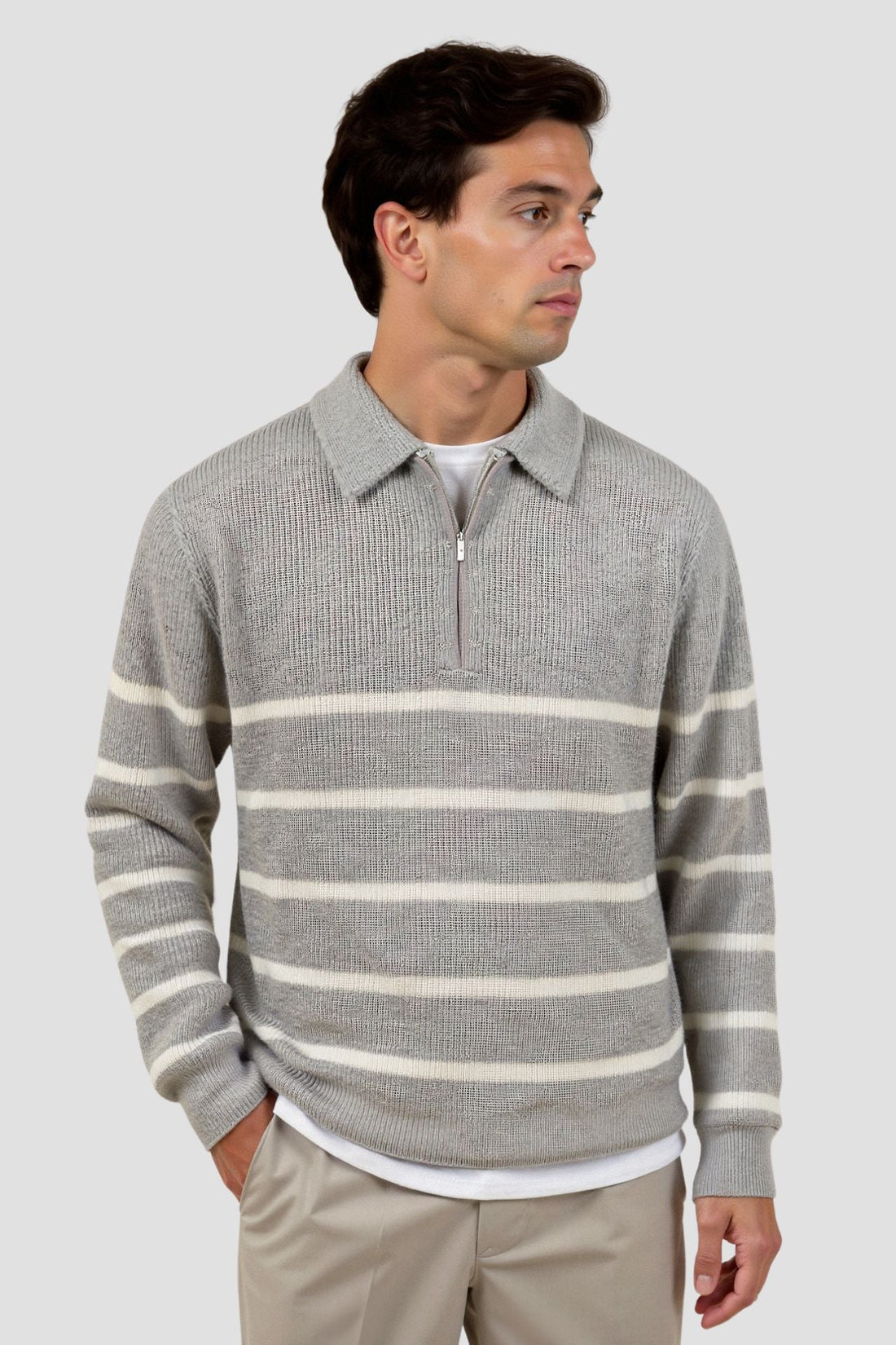 Men’s Half Zip Sweater – Striped Knit Pullover – Casual Wool Blend Jumper – Smart Men’s Clothing