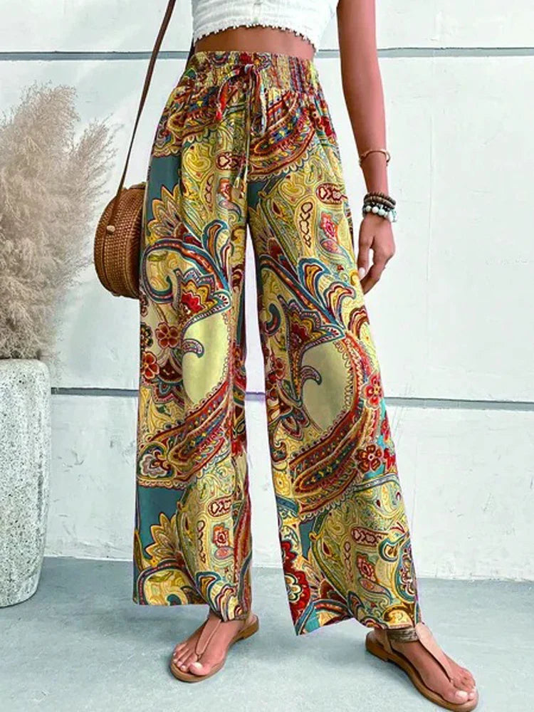 Women’s Wide-Leg Trousers – Boho Print – Drawstring Waist – Lightweight Fabric – Summer Casual Look