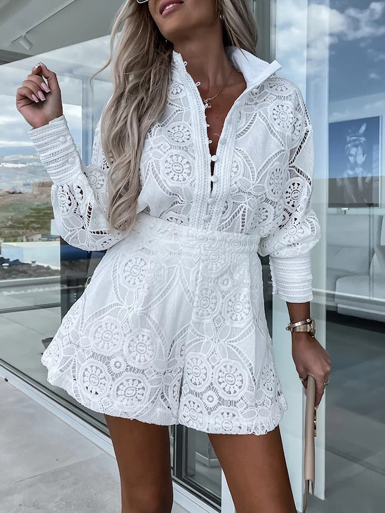 Women’s 2-Piece Lace Set – Long Sleeve Blouse & Shorts – Boho Chic – Elegant Summer Look