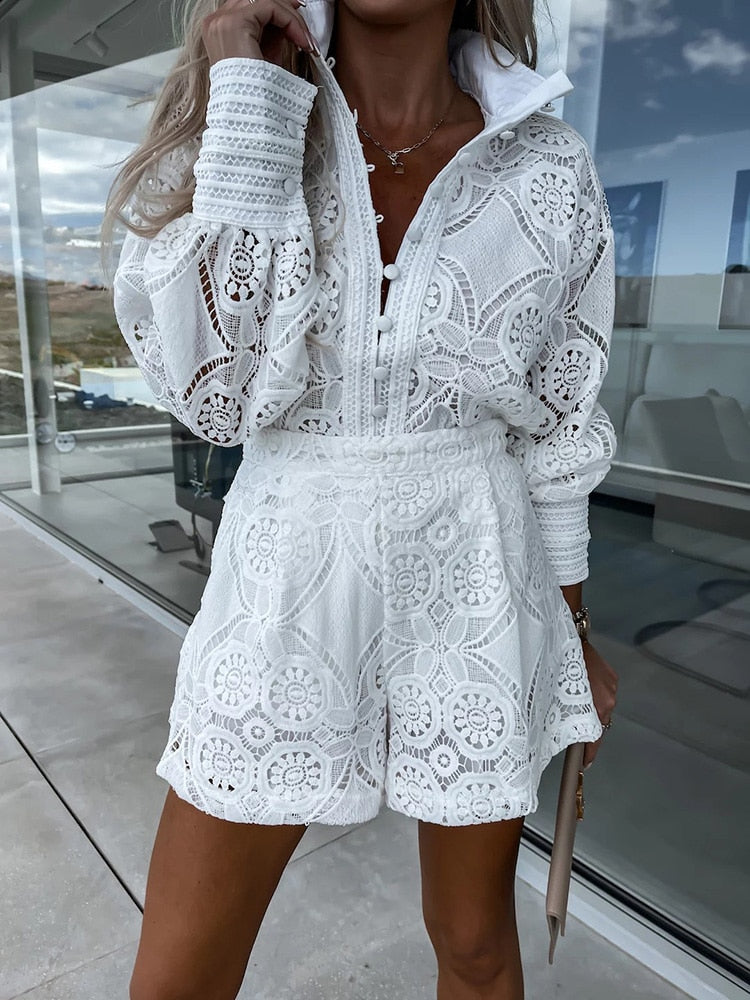 Women’s 2-Piece Lace Set – Long Sleeve Blouse & Shorts – Boho Chic – Elegant Summer Look