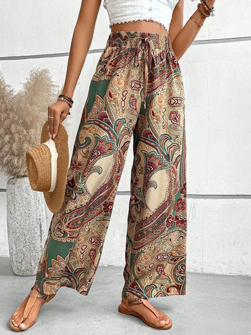 Women’s Wide-Leg Trousers – Boho Print – Drawstring Waist – Lightweight Fabric – Summer Casual Look