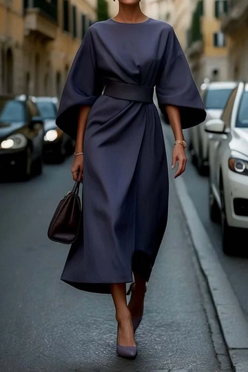 Women’s Elegant Midi Dress – Belted Waist – Batwing Sleeves – Draped Fit – Evening Ready