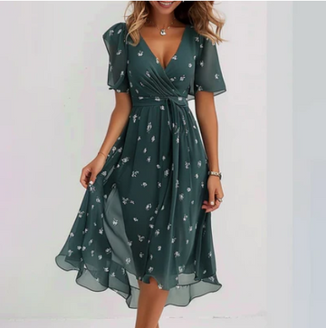 Women’s Midi Dress – Floral Print – Wrap Design – Flutter Sleeves – Elegant Fit