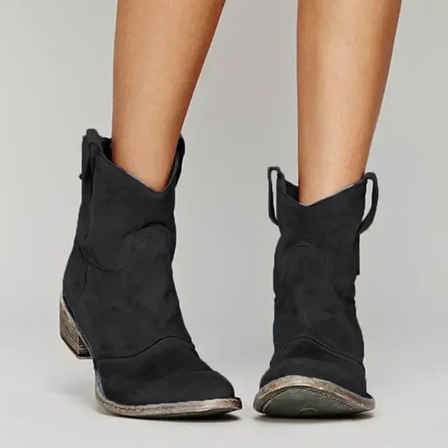 Women’s Ankle Boots – Western Style – Suede Finish – Pull-On Tabs – Mid-Low Heel – Boho Casual Look