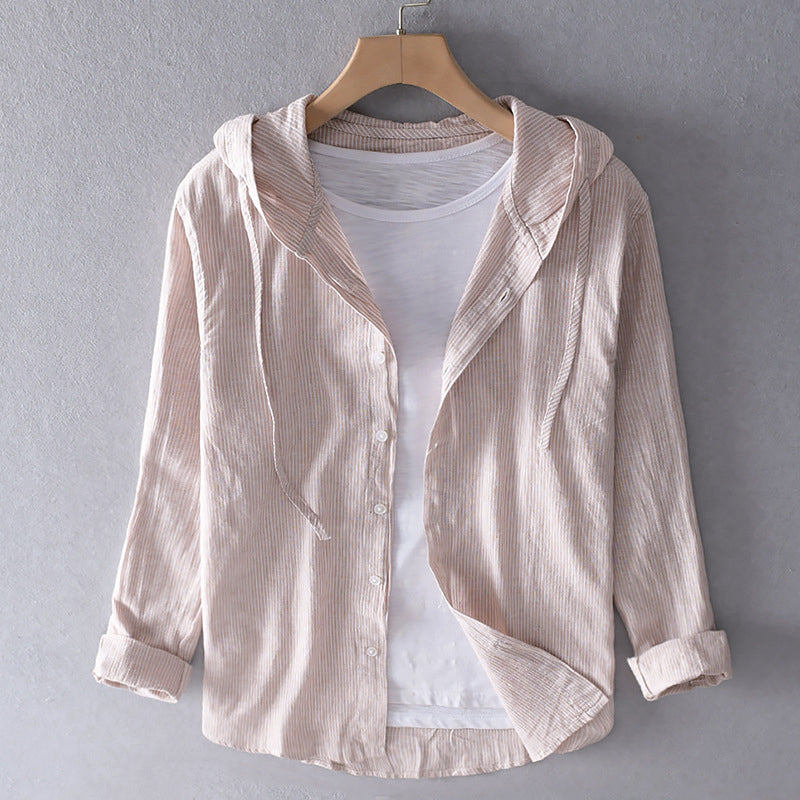 Men’s Hooded Shirt – Lightweight Cotton – Striped – Button-Up – Spring Layer