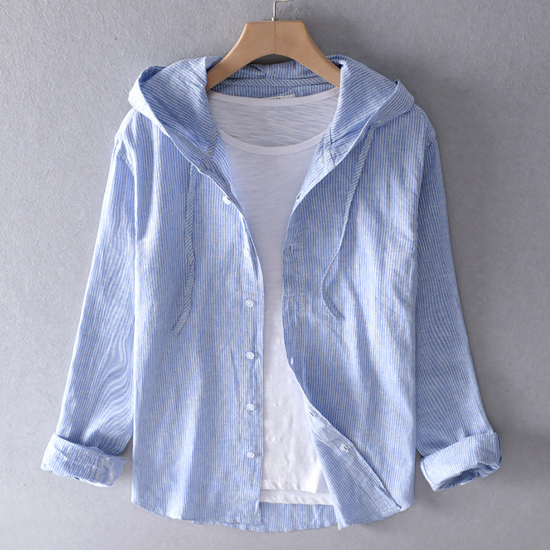 Men’s Hooded Shirt – Lightweight Cotton – Striped – Button-Up – Spring Layer