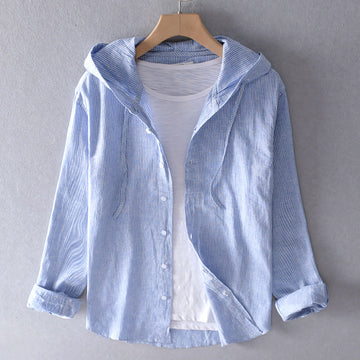 Men’s Hooded Shirt – Lightweight Cotton – Striped – Button-Up – Spring Layer