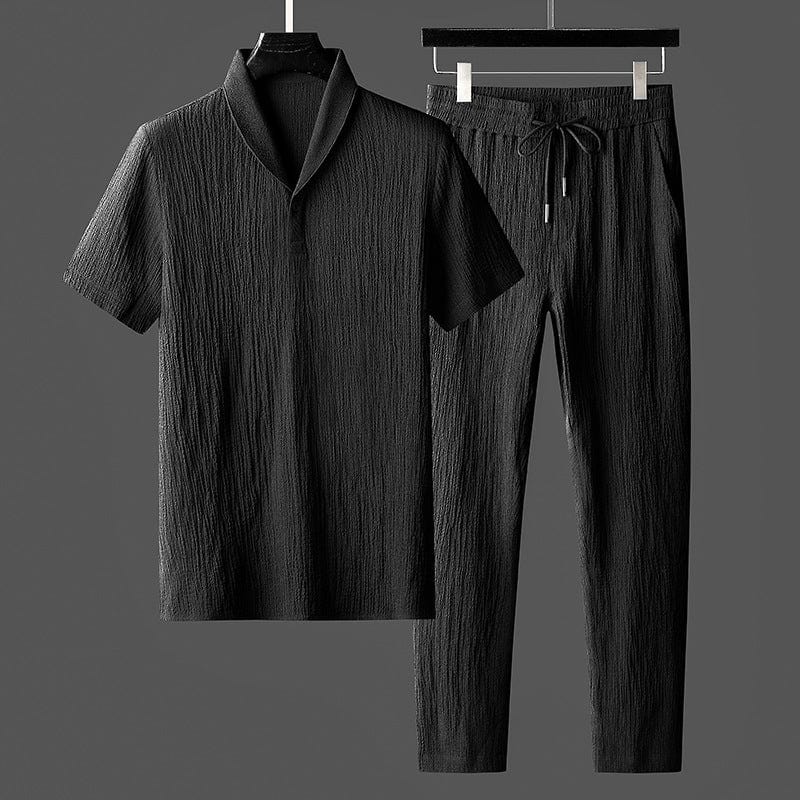 Men’s Two-Piece Set – Textured Short Sleeve Top – Drawstring Trousers – Relaxed Fit – Summer Resort Look