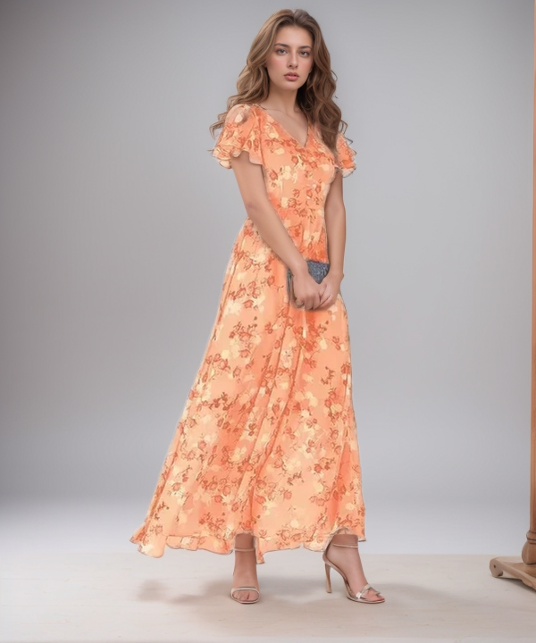 Women's Floral Maxi Dress – V-Neck – Flutter Sleeves – Flowing Silhouette – Summer Elegance