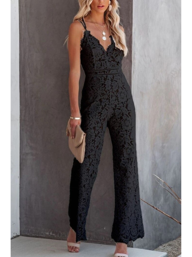 Women’s Lace Jumpsuit – Spaghetti Straps – Deep V-Neck – Elegant Occasionwear – Summer Statement Piece
