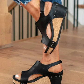 Women’s Wedge Sandals – Open Toe – Slingback – Faux Leather – Cork Platform