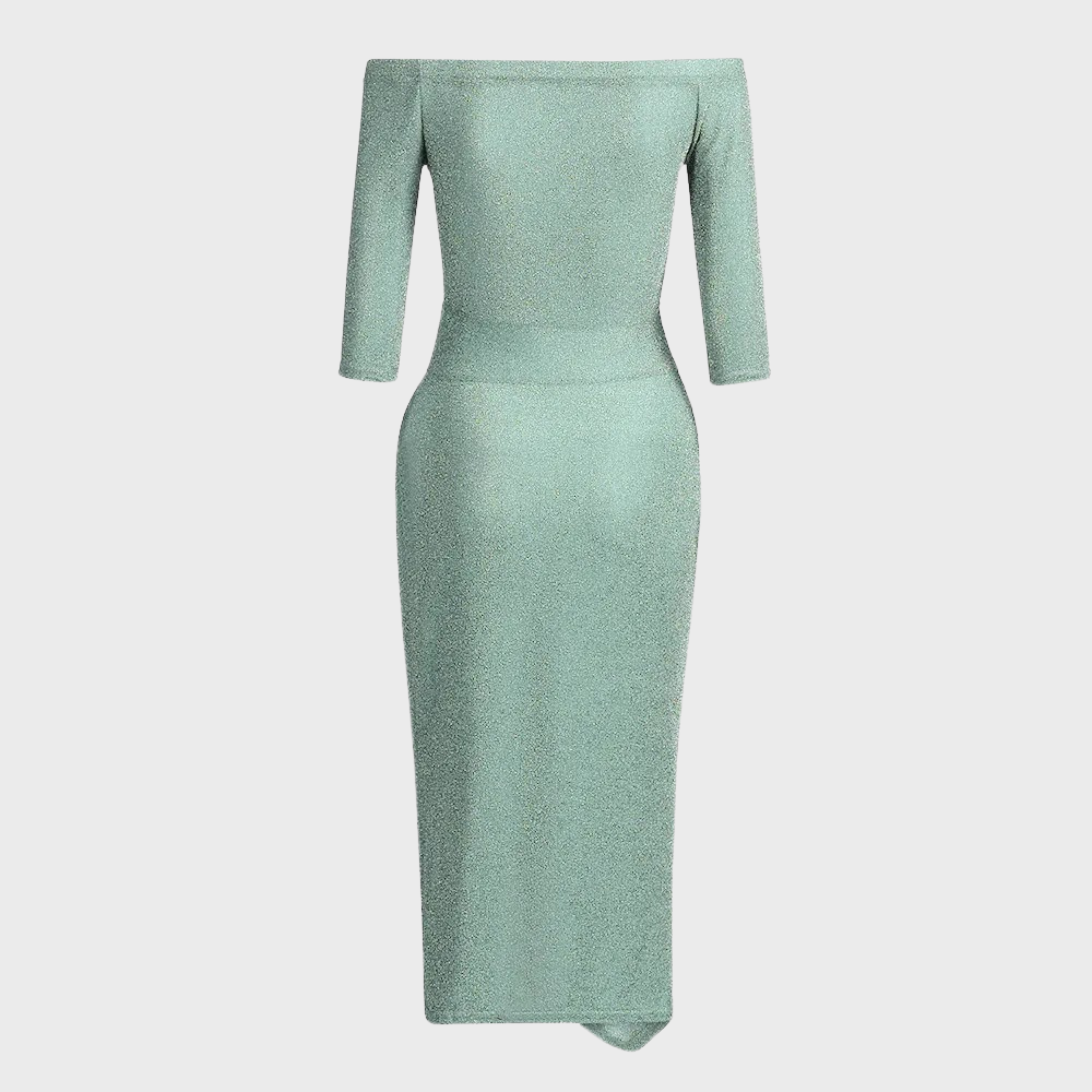 Women’s Off-Shoulder Midi Dress – Draped Side Split – 3/4 Sleeves – Bodycon Fit – Cocktail Look