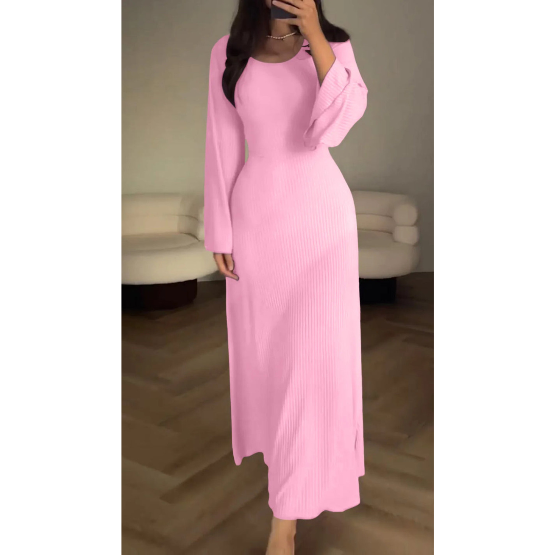 Women's Knitted Maxi Dress – Slim Fit – Flared Sleeves – Soft Rib Texture – Elegant Everyday Wear