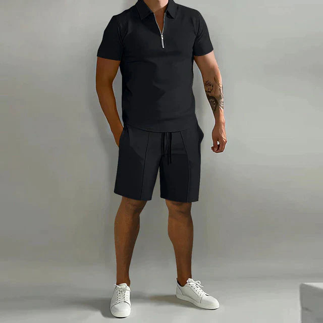 Men’s Two-Piece Set – Polo Shirt with Zip Collar – Drawstring Shorts – Summer Casual Look