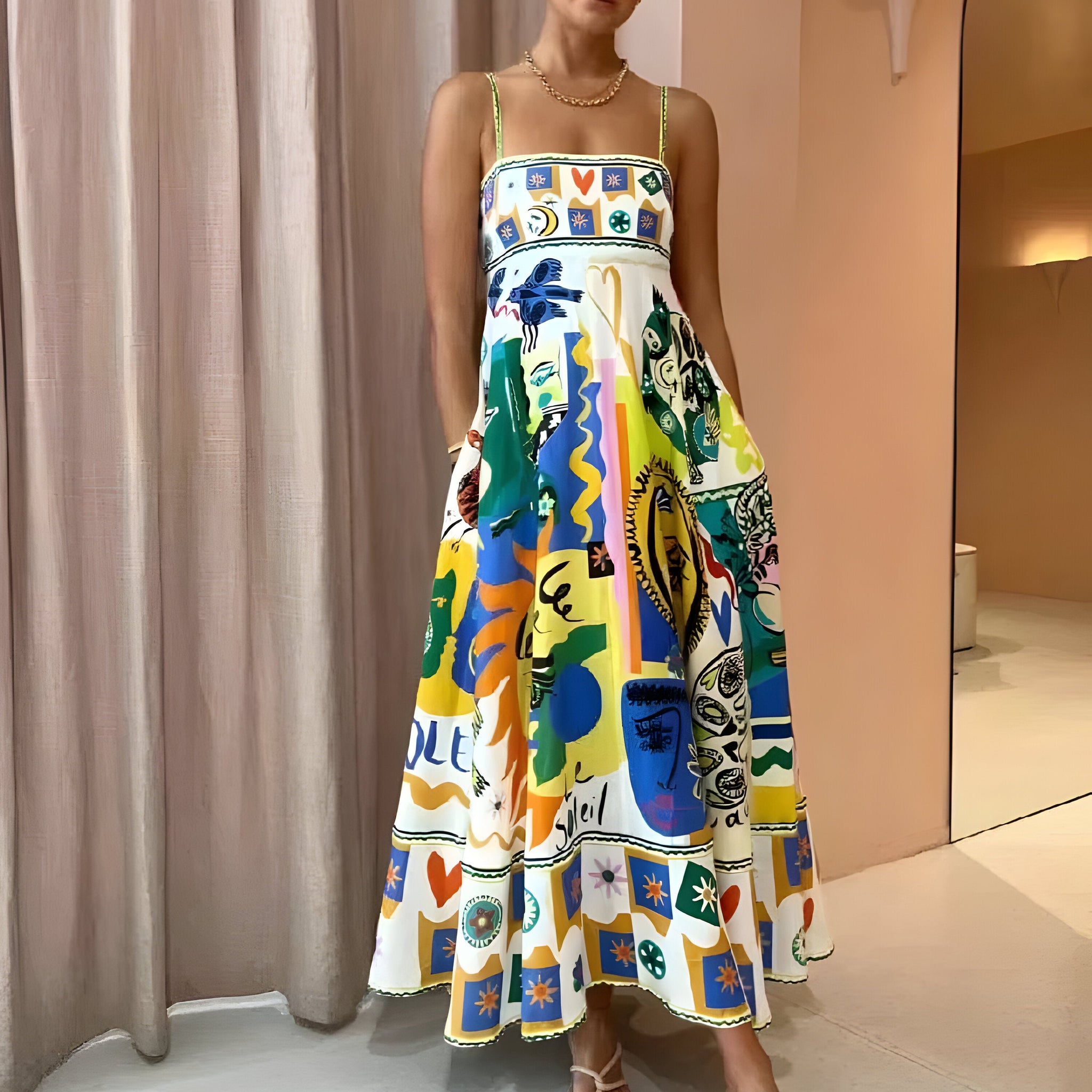 Women’s Printed Maxi Dress – Spaghetti Straps – Flowy Silhouette – Relaxed Fit – Vacation Look