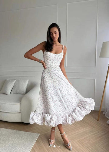 Women's Midi Dress – Spaghetti Straps – Ruffled Hem – Lightweight & Elegant – Party Look