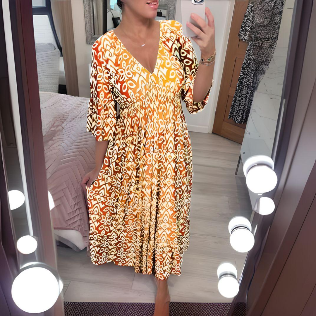 Women’s Maxi Dress – Flowing Fit – V-Neck – 3/4 Sleeves – Boho Print