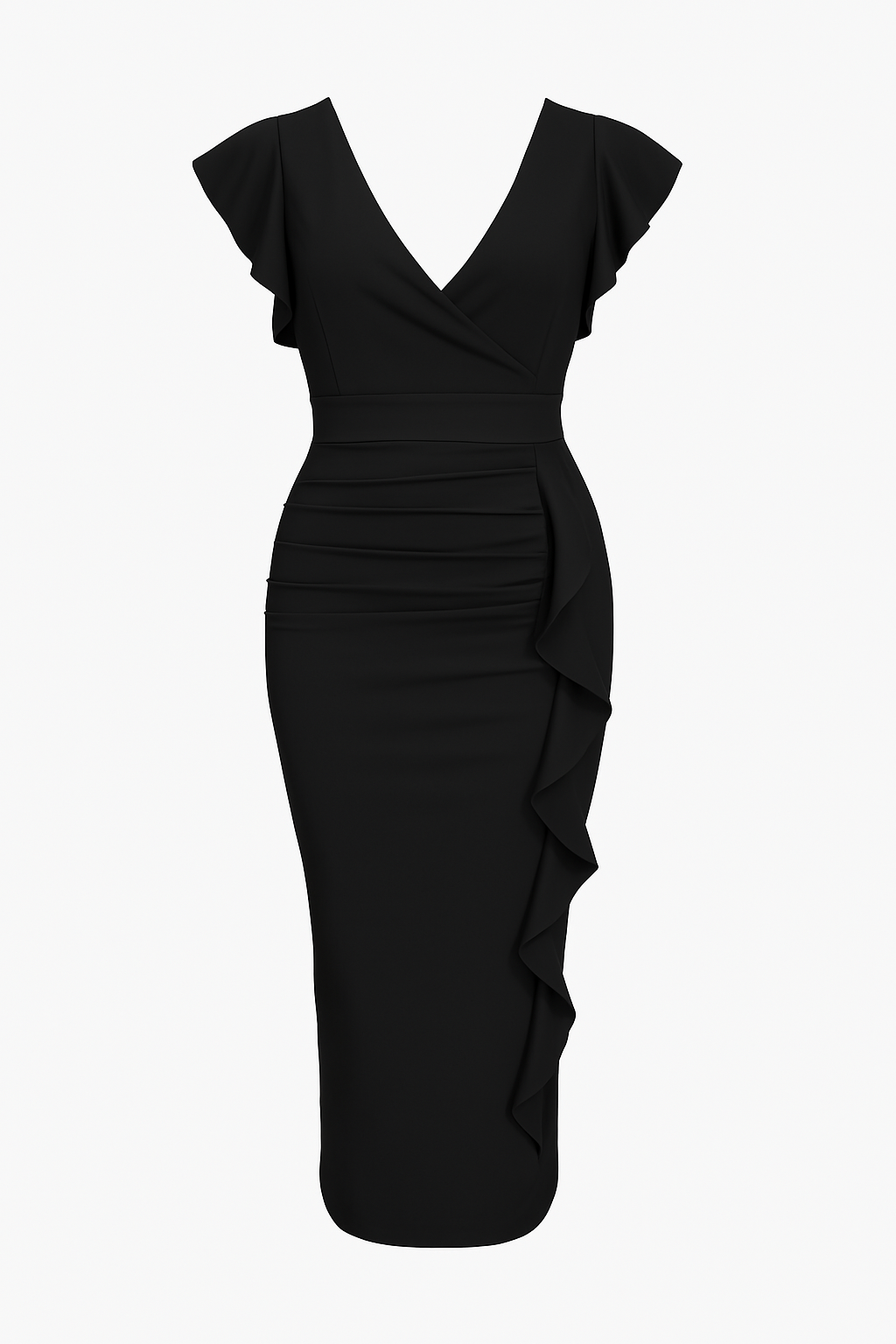 Women's Bodycon Dress – Ruffle Sleeve – Elegant Silhouette – Deep V-Neck – Midi Length