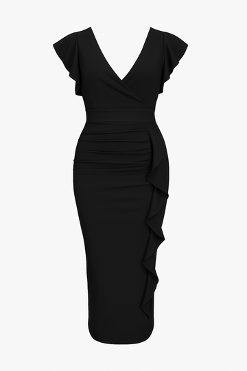 Women's Bodycon Dress – Ruffle Sleeve – Elegant Silhouette – Deep V-Neck – Midi Length