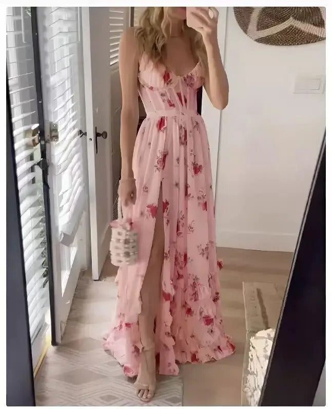 Women’s Floral Maxi Dress – Deep V-Neck – Ruffle Hem – Front Slit – Romantic Summer Look