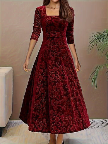 Women's Velvet Maxi Dress – Square Neck – 3/4 Sleeve – Elegant Fit – Evening Wear