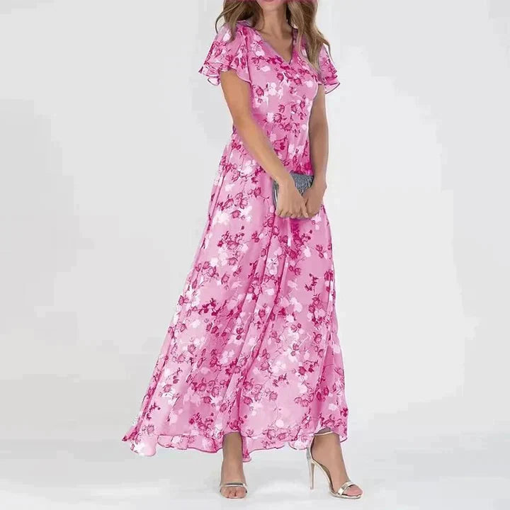Women's Floral Maxi Dress – V-Neck – Flutter Sleeves – Flowing Silhouette – Summer Elegance