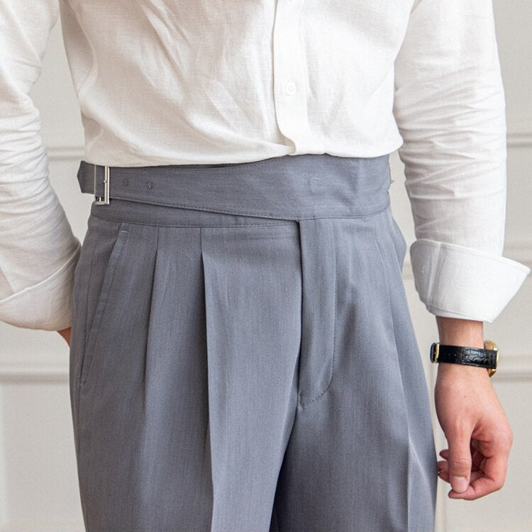 Men’s Pleated Trousers – High Waist – Side Buckle – Tapered Leg – Sophisticated Fit