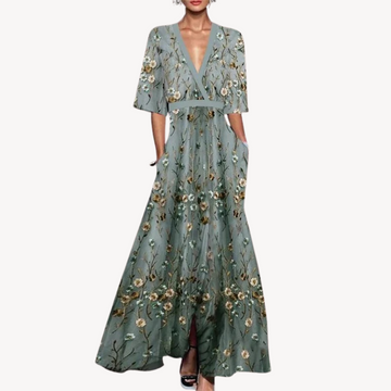 Women’s Maxi Dress – Floral Print – V-Neck – Belted Waist – Elegant Fit