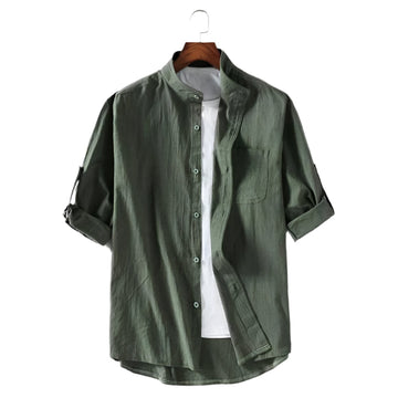 Men’s Cotton Shirt – Rolled Sleeves – Grandad Collar – Relaxed Fit – Everyday Look