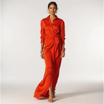 Women's Maxi Dress – Satin Finish – Draped Waist – Shirt Collar – Elegant Evening Look