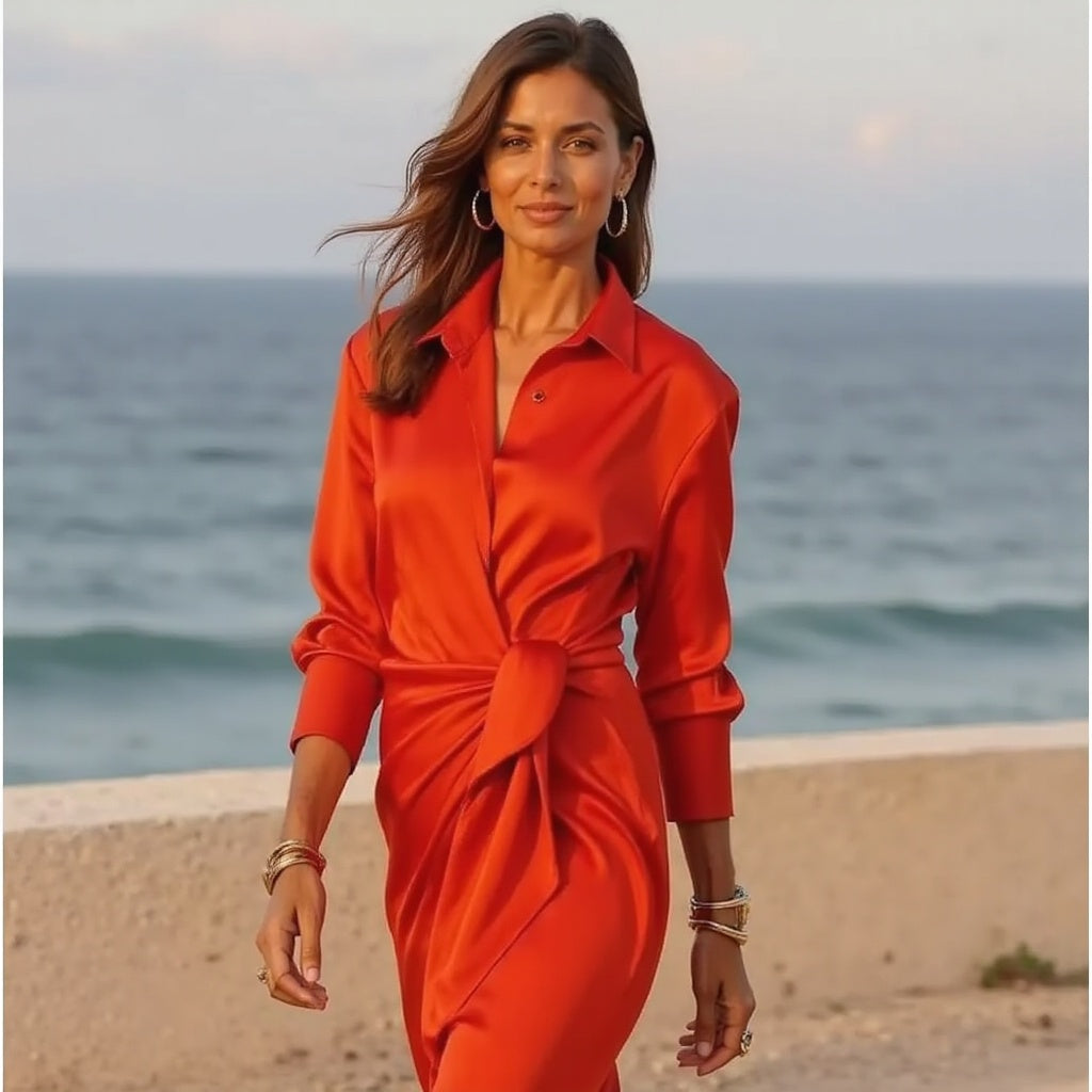 Women's Maxi Dress – Satin Finish – Draped Waist – Shirt Collar – Elegant Evening Look