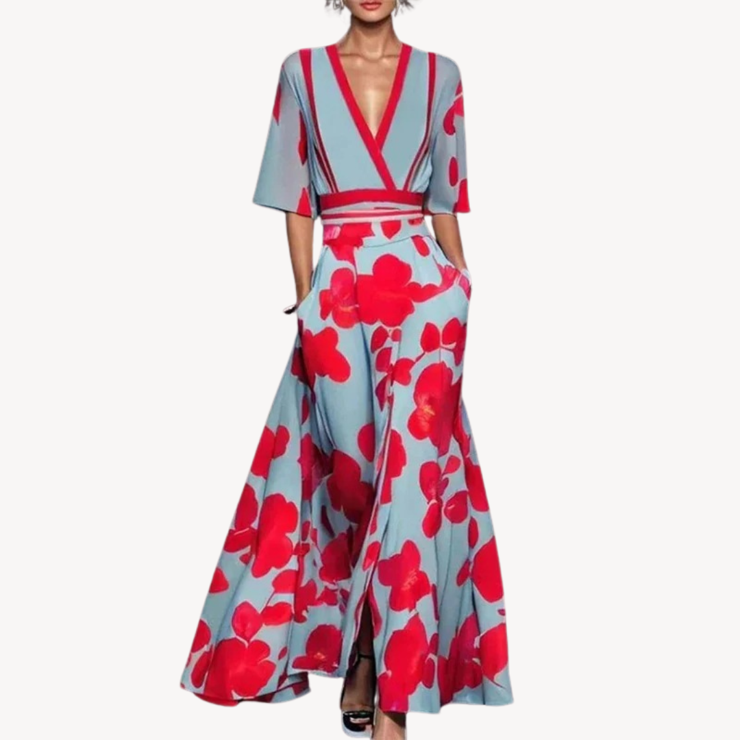Women’s Maxi Dress – Floral Print – V-Neck – Belted Waist – Elegant Fit